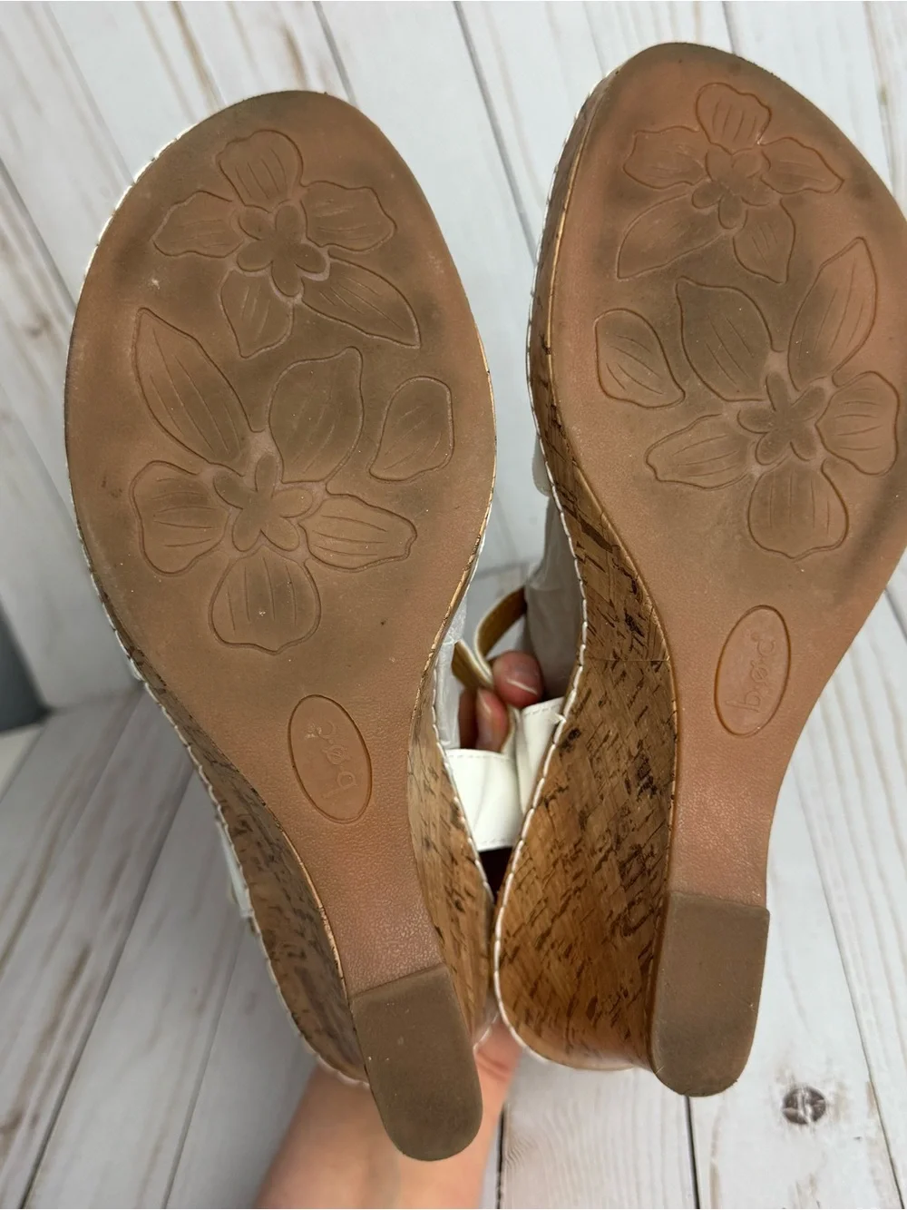 B.O.C. White Flower Vegan Leather Cork Wedges Open Toe Slingback Sandals